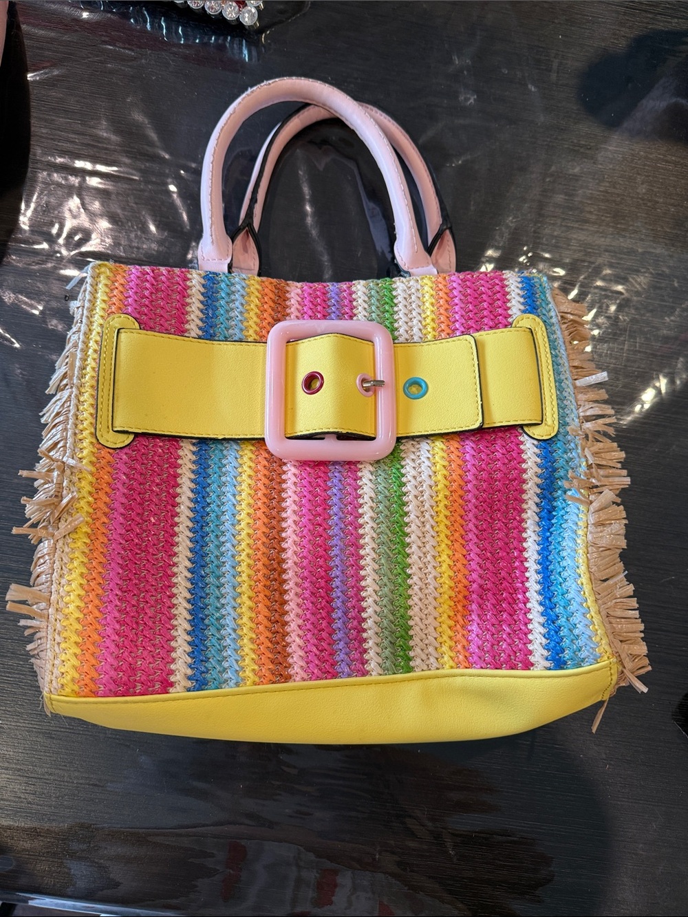 Aldo Multicolor Striped Woven Tote with Yellow Trim and Pink Buckle